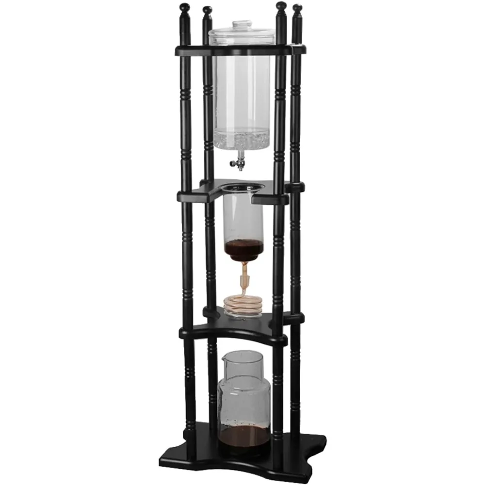 Ice Drip Coffee Maker Cold Brew Drip Coffee Pot Retro Household Pine Wood & Glass Tower Ice Brew Drip Coffee Machine