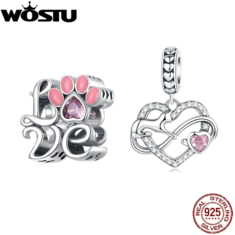 WOSTU 925 Sterling Silver Sweet Pink Cat Claw Charms Love Heart Pet Animal Beads Fit Original Bracelet Bangle DIY Jewelry Making