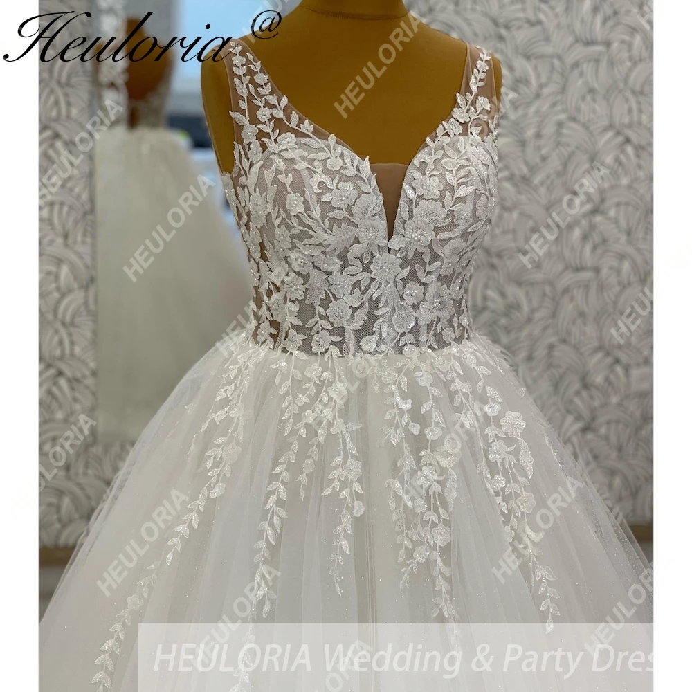 HEULORIA エレガントな A ラインのウェディングドレス V ネックスパークイグリッタービーズレース花嫁ドレス Vestido De Novia カスタマイズ