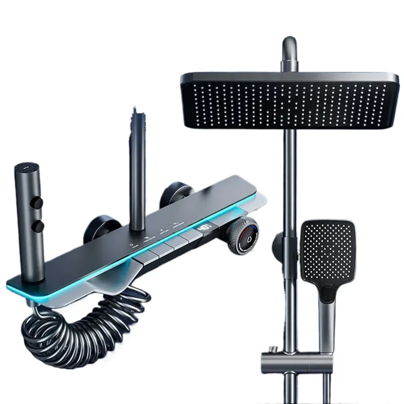 

Bathroom gun gray thermostatic shower set Household shower shower with hydraulic digital display colorful ambient light