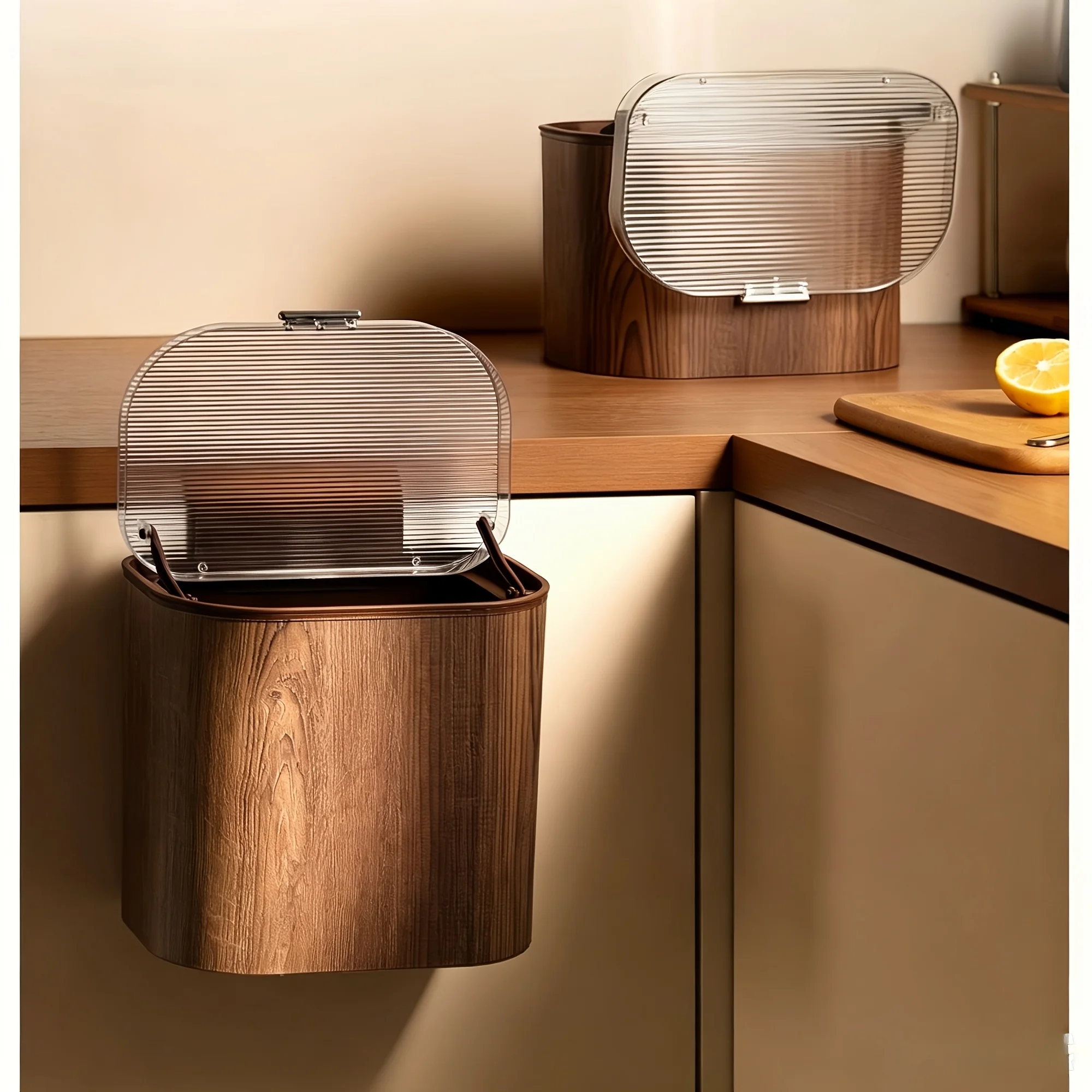 Food Storage Kitchen Cabinet - ถังขยะในครัวแบบแขวนติดผนังลายไม้ ไม่ต้องเจาะ ฝาเปิด-ปิดได้ ติดตั้งบนประตูตู้เก็บของ สำหรับใส่เศษอาหาร-【ขนาดใหญ่】