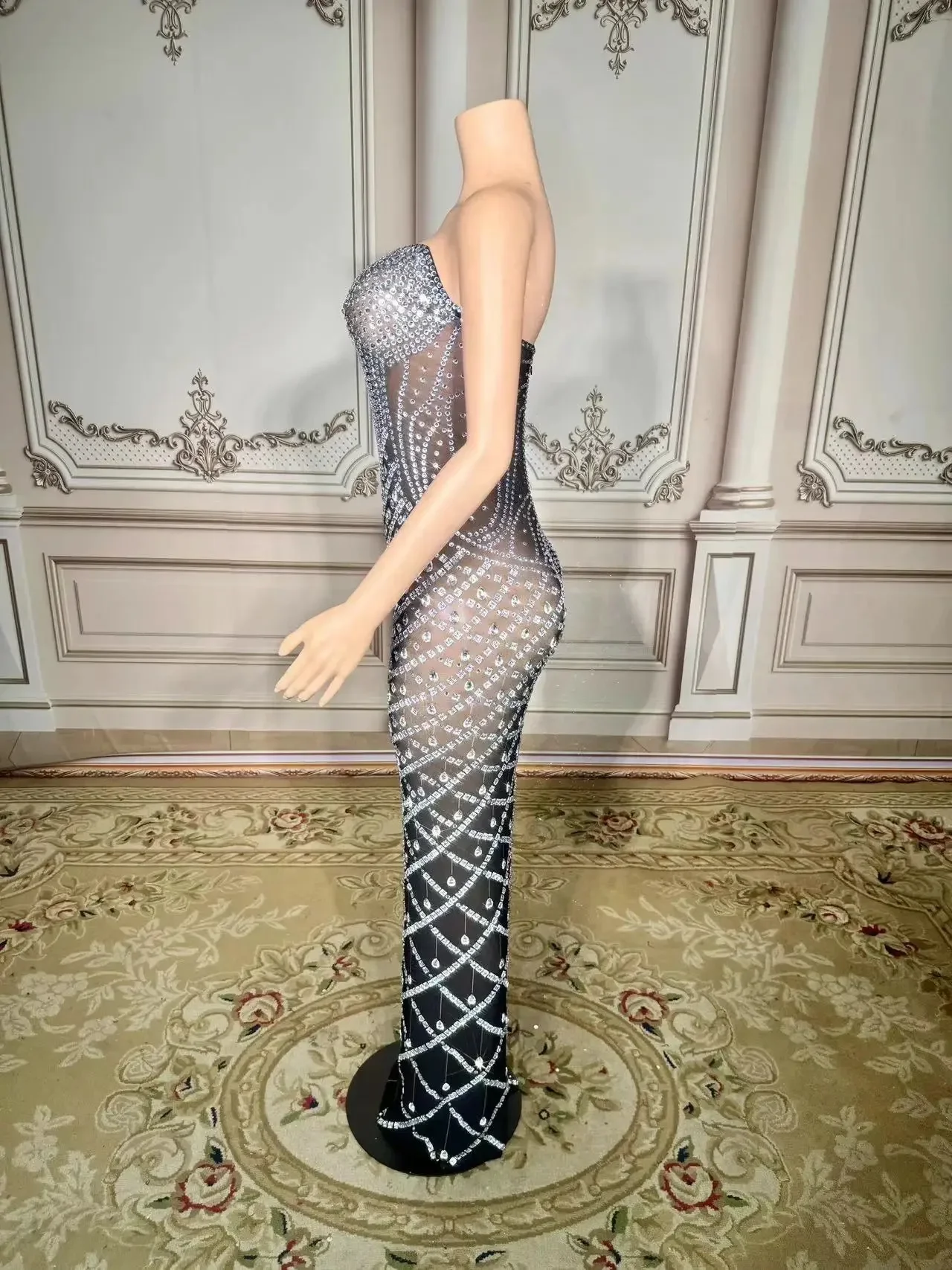 Vestido largo de tubo negro con diamantes de imitación brillantes para mujer, vestido Sexy de malla transparente para noche, cumpleaños, celebración de graduación y sesión de fotos