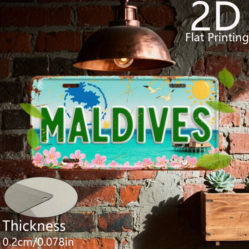 2D Flat Printing, 1pc, Retro Aluminum Plate,Maldives' Beach and Water Villa, Tropical Resort Decor, Island Getaway Sign
