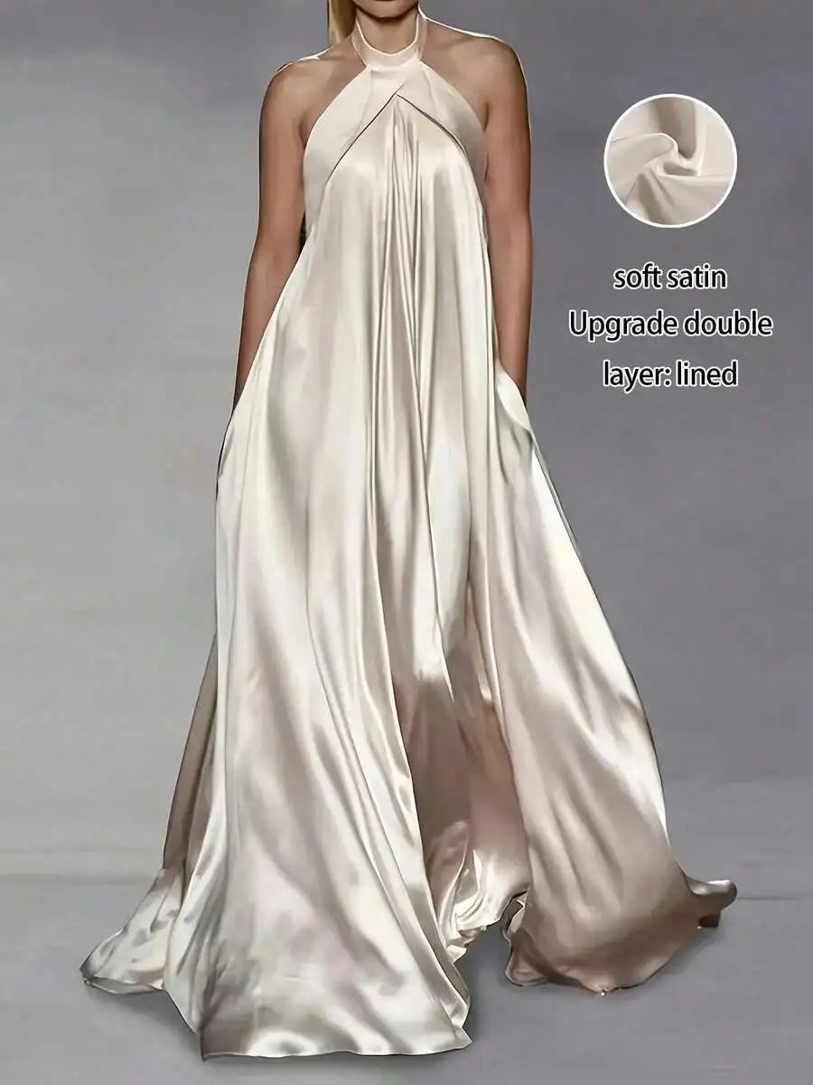 

Elegant Ivory Satin Halter Neck Maxi Dress, Flowy Loose Fit for Evening Events