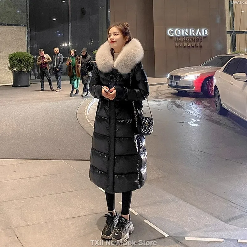 Women Jacket Winter 2023 Down Coats Long Puffer Jacket Big Fur Down Padding Fashion Slim Warm Black Outerwear Female Clothing
