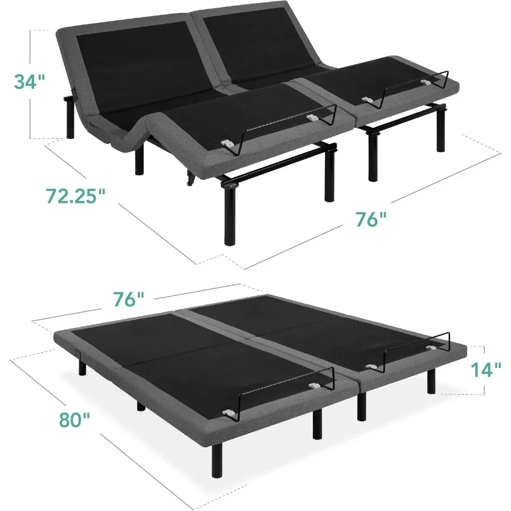 Ergonomic Split King Size Adjustable Bed, Zero Gravity Base for Stress Management w/Wireless Remote Control, Massage, USB Ports