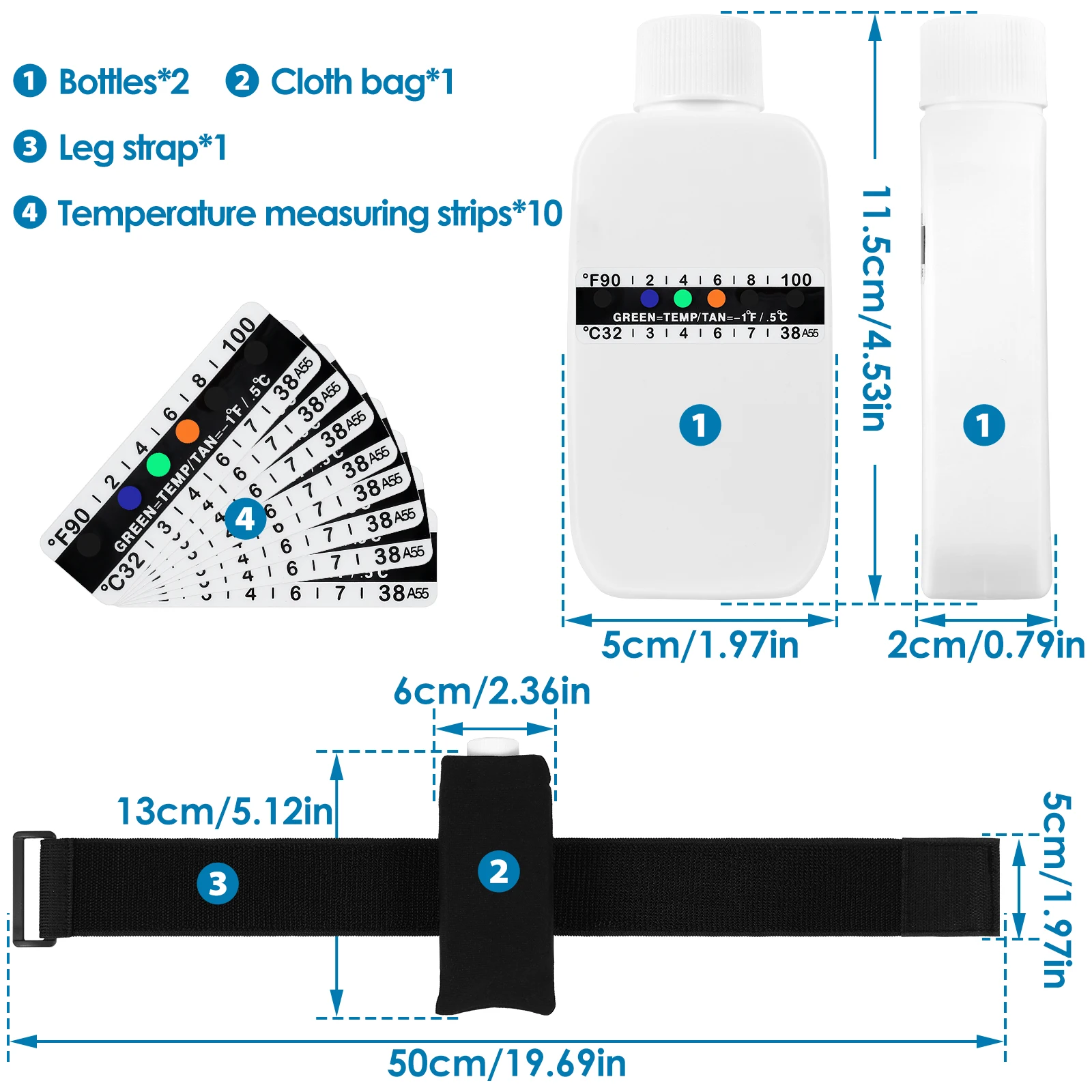 14-częściowy zestaw do testowania moczu z 2 pustymi butelkami, 10 paskami testowymi do pomiaru temperatury, opaskami na nogi i etui Oxford do użytku domowego.