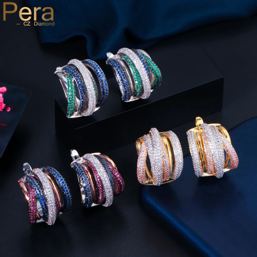 Pera Luxury Designer Micro Full Colorful CZ Stone Wedding Engagement Geometry Shape Hoop Clasp Earrings for Brides E730