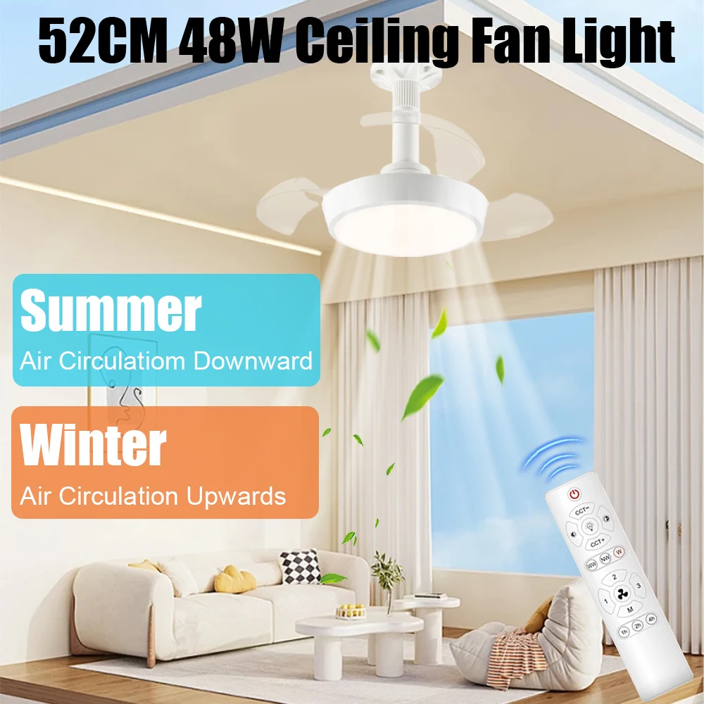 

Light 48W Home E27 Base With Remote Control Room Lighting Suitable 52CM Invisible Fan Silent Retractable Blade