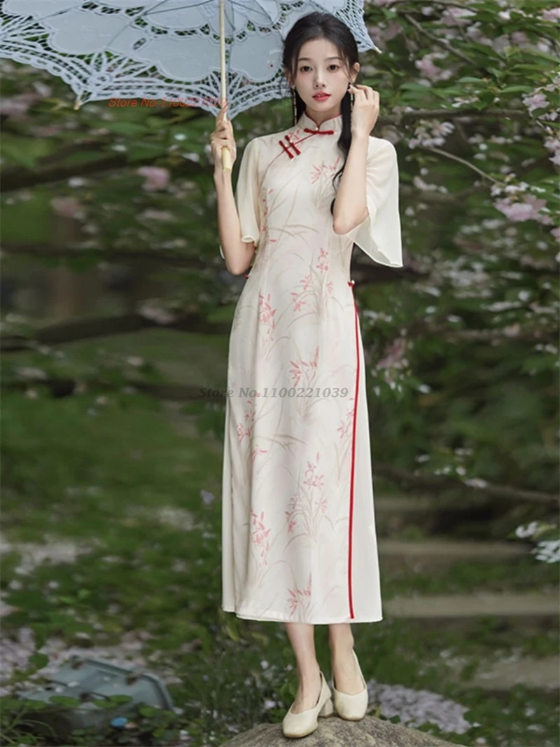 

2025 vietnam traditional dress aodai chinese fairy qipao national flower print improved cheongsam oriental folk a-line dress