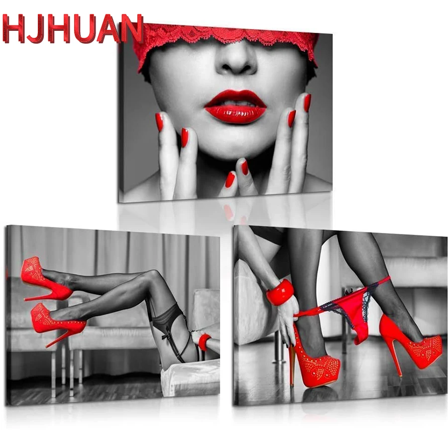 3pcs diamond painting Sexy female lips and legs in high heel fashion shoes full square round drills embroidey diamond picture