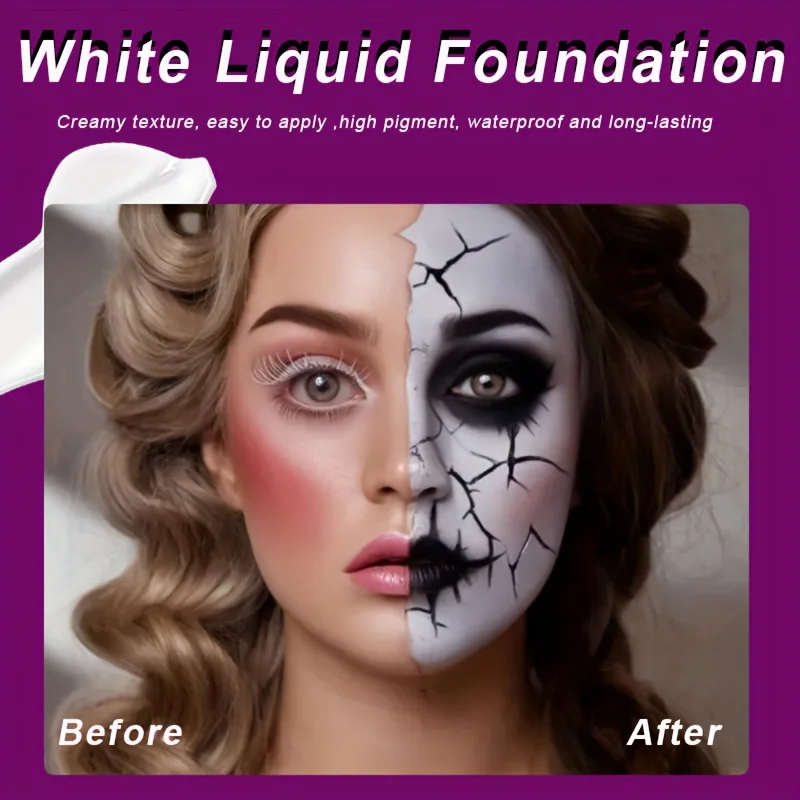 2pcs White Liquid Foundation with Free Brush Halloween Makeup Sets,Clown Role-Playing  High Concealer Coverage Makeup Kit