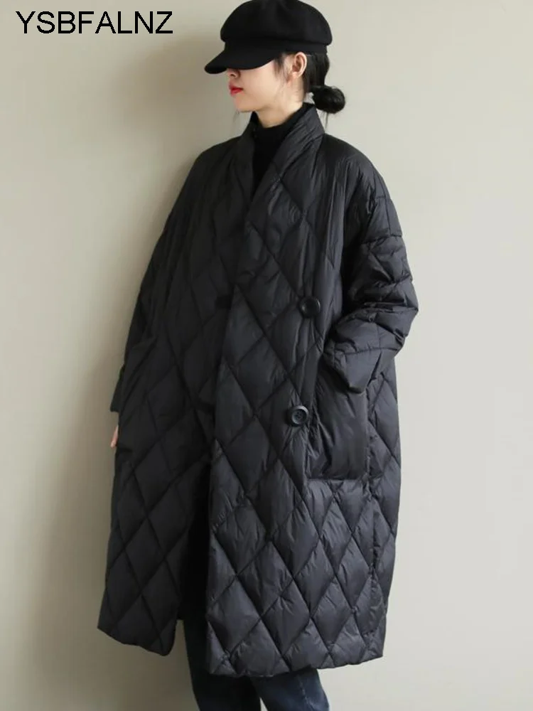 2023 Winter Arrivals Women Cotton Coats Diamond Lattice Block Big Size Female Long Parkas Loose Lady Overcoats Clothes