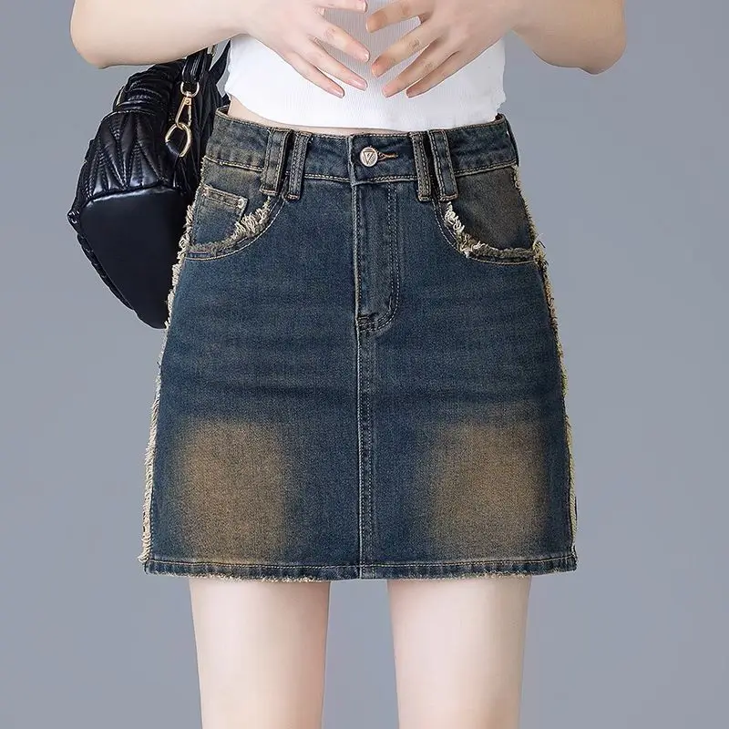 

Women's Denim Skirt Retro High Waist Fringe Female Jeans Skirts Blue Luxury Elegant Aesthetic Chic Clothing Sales Casual Quality