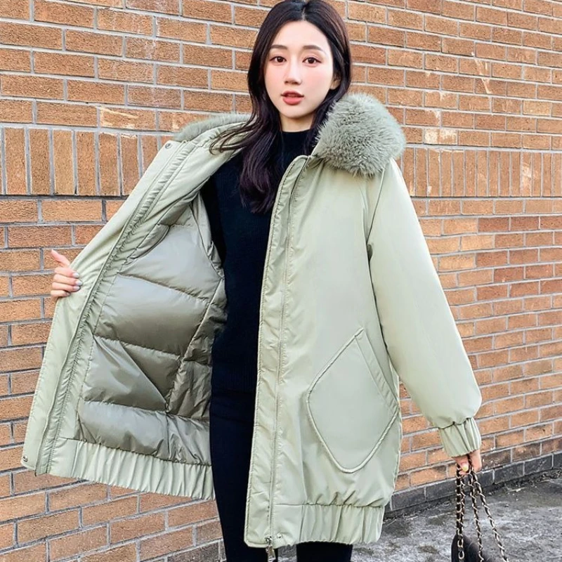 

2025 New Women's Winter Coat Thickened Down Jacket with Large Fur Hood Loose Fit Design Korean Style Outerwear