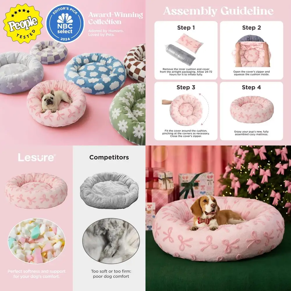 

Round Dog Bed for Large Dogs - Indoor Calming Pet Bed, Washable Shaggy Plush, Anti-Slip, 36 Pink