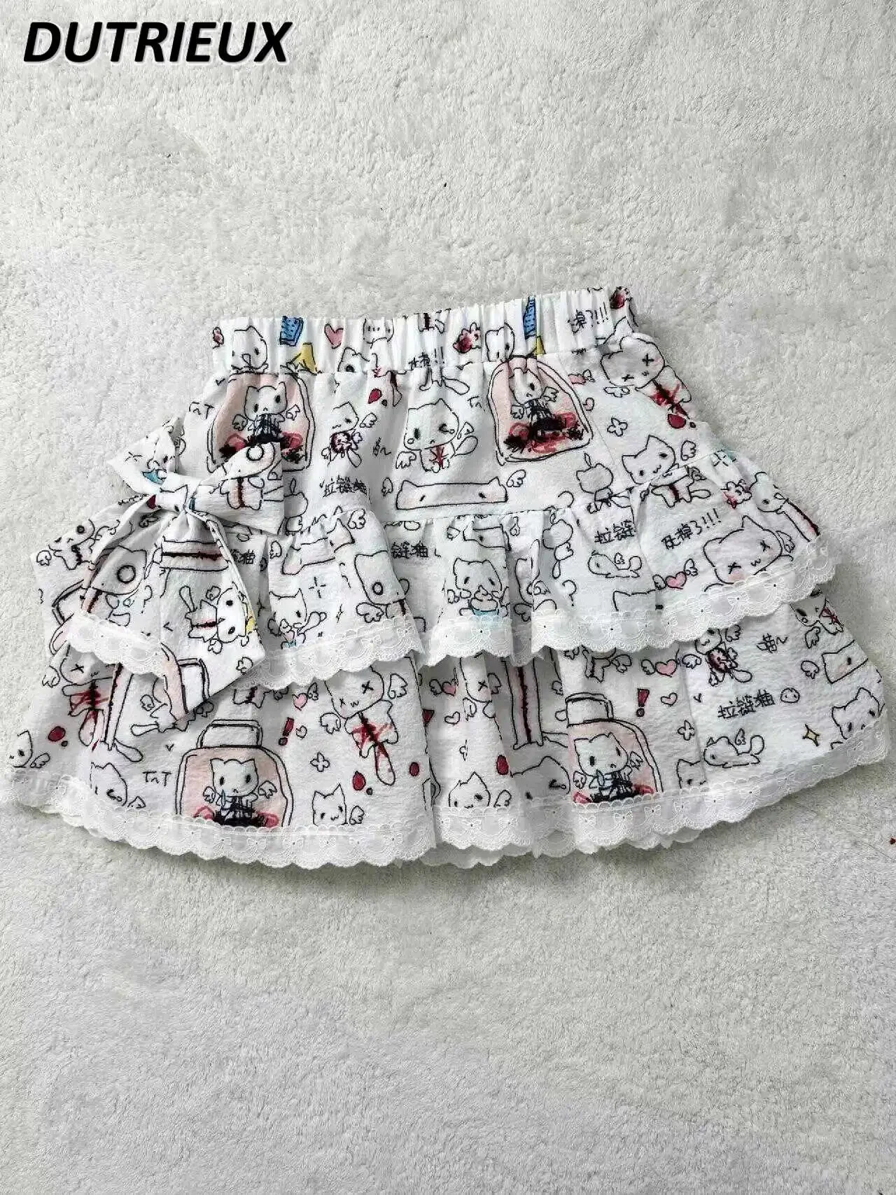 

Summer Y2k Soft Girl Sweet Student Cute Short Skirt Cartoon Printed Elastic Waist All-Match A- Line Cake Bubble Mini Skirts