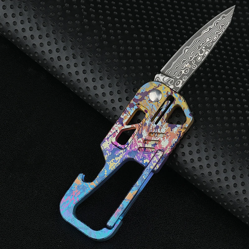 

High Quality Damascus Steel Folding Knife Key Chain Men's Titanium Alloy Color Multifunctional Waist Hanging Car keychain