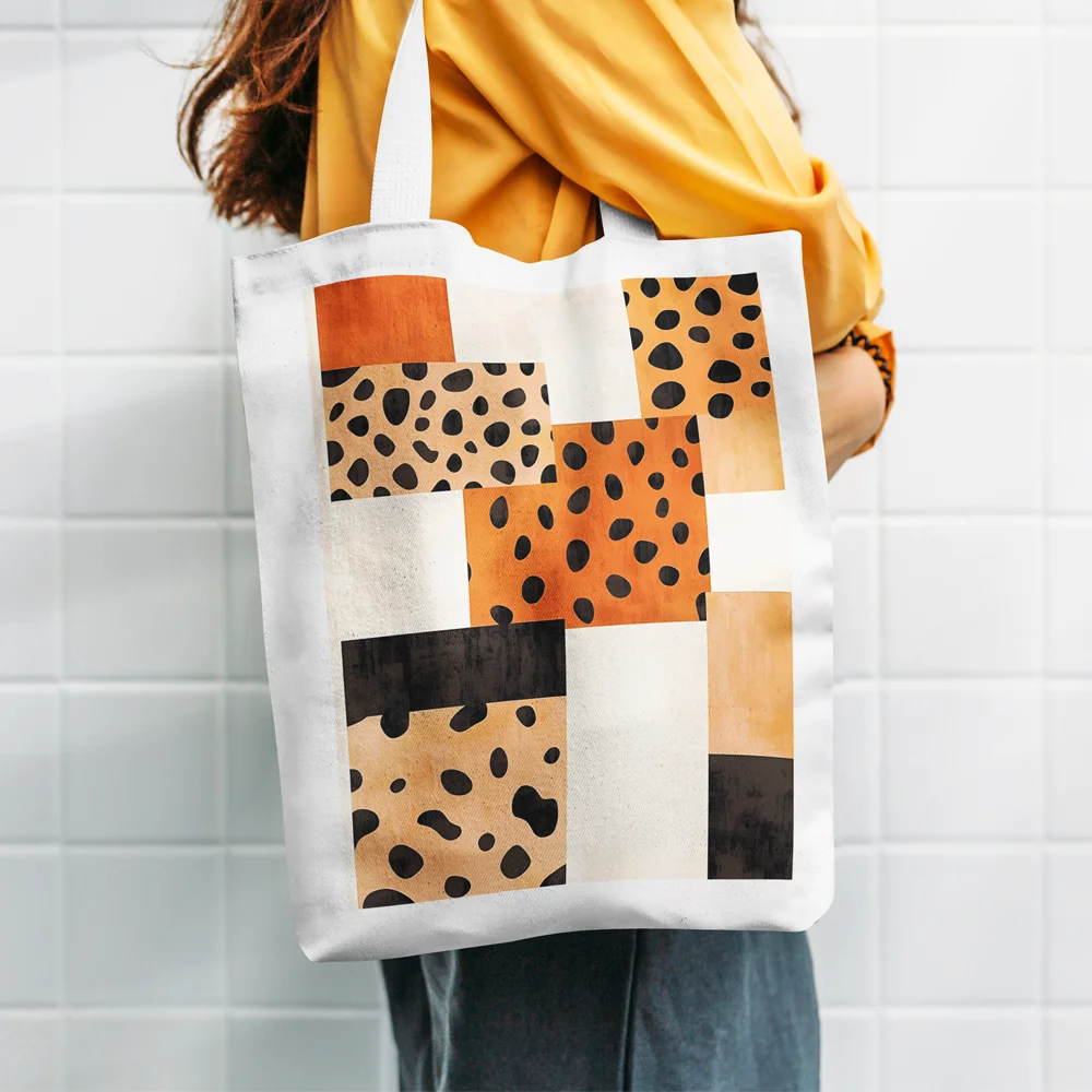 Modern Polka Dot Geometric Canvas Tote Bag, Artistic Patchwork Reusable Grocery Bag, Durable Sustainable Handbag
