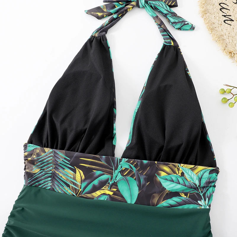 One Piece Womens Swimsuit Leaf Halter Neck Swimwear Deep V Female Bathing Suits Sexy Beachwear Bikini Set