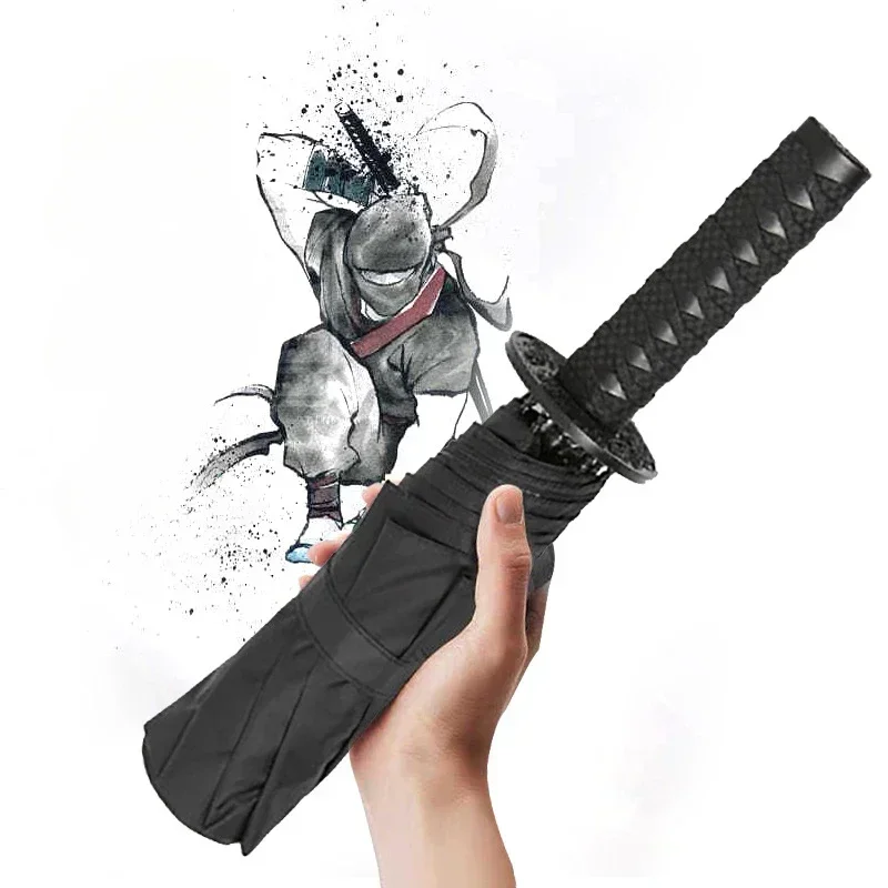 Samurai ninja katana guarda-chuva 3 dobrável criativo preto à prova de vento portátil demon slayer guarda-chuva cosplay guarda-sol vida suprimentos