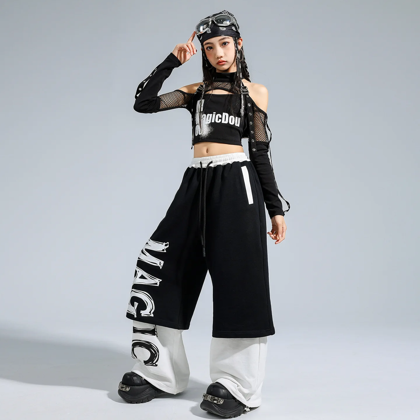 Hip Hop Girls Off Shoulder Crop Top Letters Dance Contrast Pants Kids K-pop Streetwear Costume Child Jazz Girl Group Clothes Set