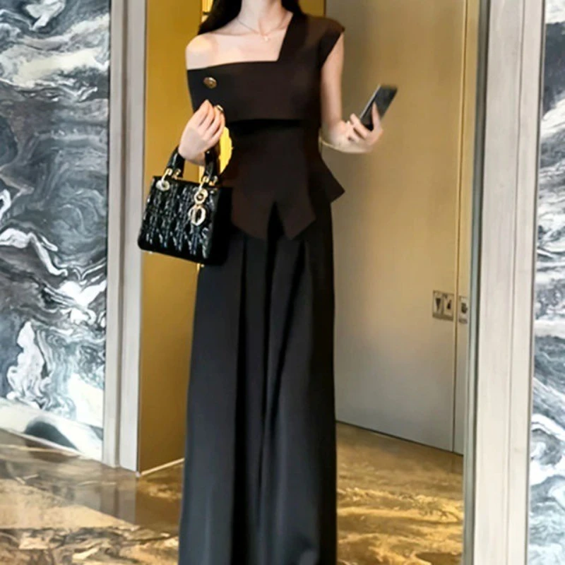 

Женская мода Sensation, уличный стиль, дизайн, белый топ с задержкой на плечах, широкие брюки с высокой талией, элегантный комплект для поездок на работу