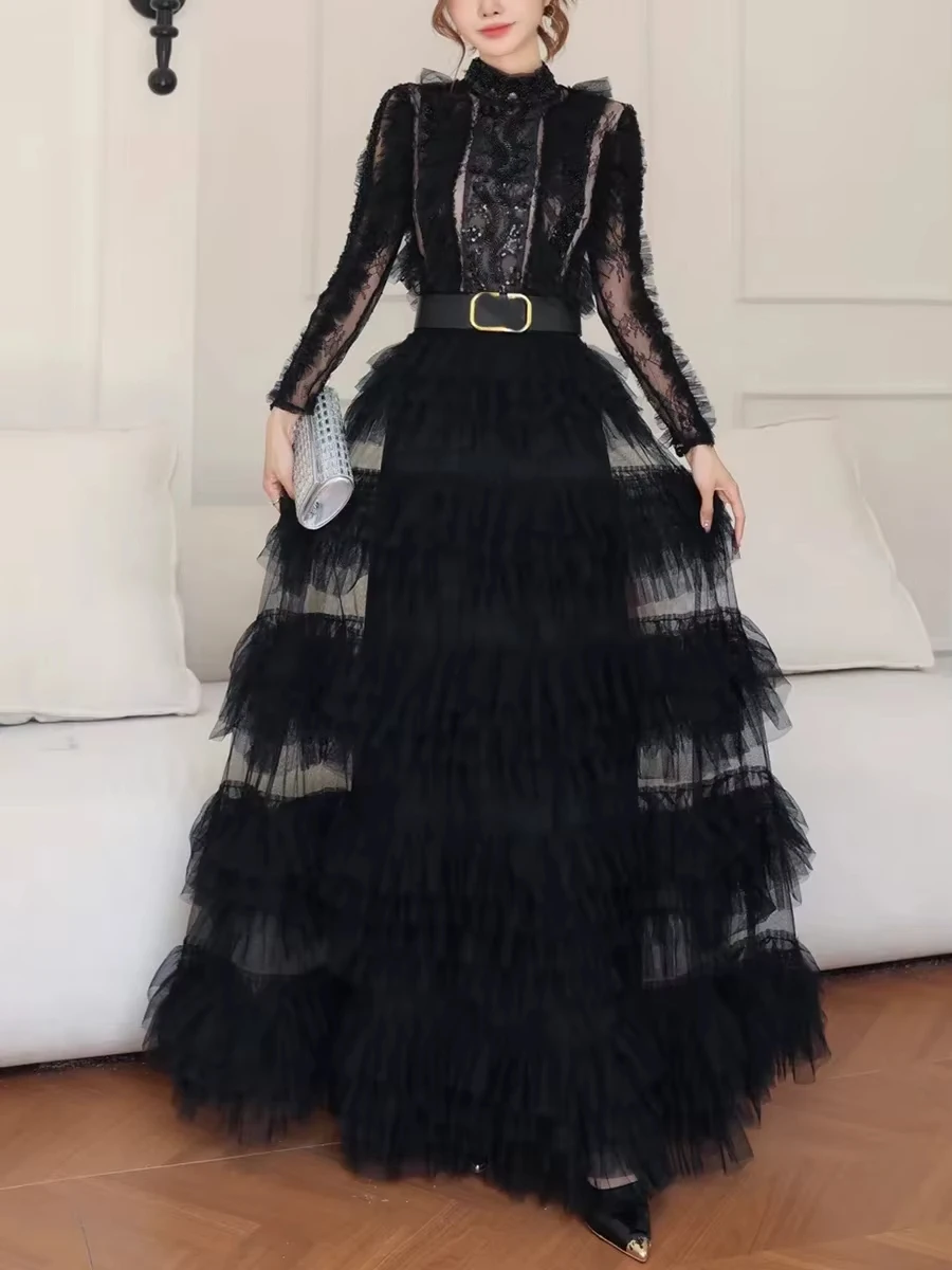 CHICEVER Spliced Lace Hollow Mesh Dresses for Women Stand Collar Long Sleeves High Waist Slim Spliced Sashes Party Dress Female