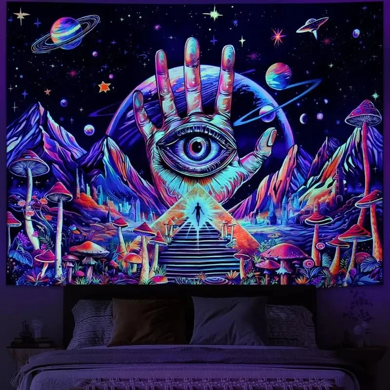 VIKAMA Trippy Space Wall Tapestry Mystic All‑Seeing Eye Hand Pyramid Colorful Mushroom Mountain Galaxy Planet Wall Hanging Dorm