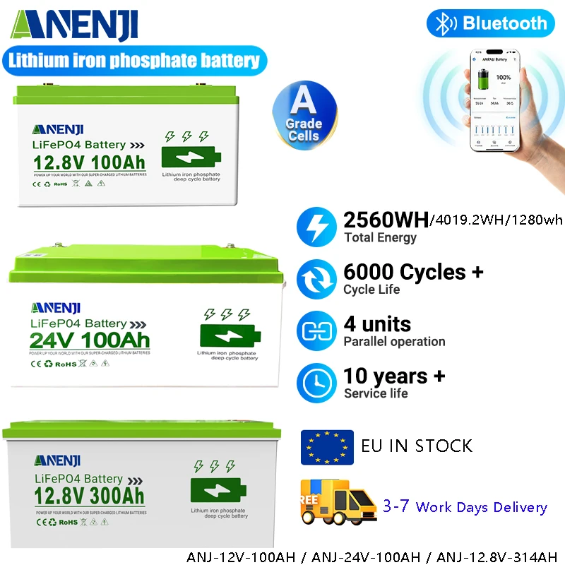 Batterie LiFePO4 ANENJI 24V 100AH 12V 300AH 12V 100AH Pack 25.6V 12.8V 2.56KWH 1.28KWH 3.84KWH, Pack de batteries lithium rechargeables 6000+ cycles avec BMS intégré, cellules de qualité A et surveillance Bluetooth pour onduleur de camping-car et système solaire au lithium-fer