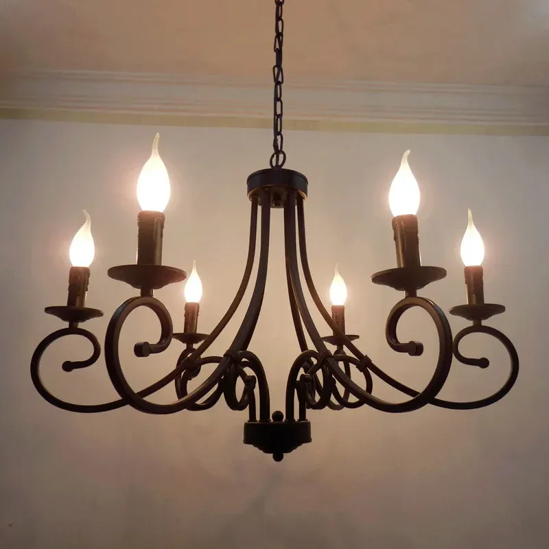 

European Style 6 Head Iron Art Candle Pendant Lamp Retro American Living Room Lamp Restaurant Kitchen Cafe Bar Chandelier