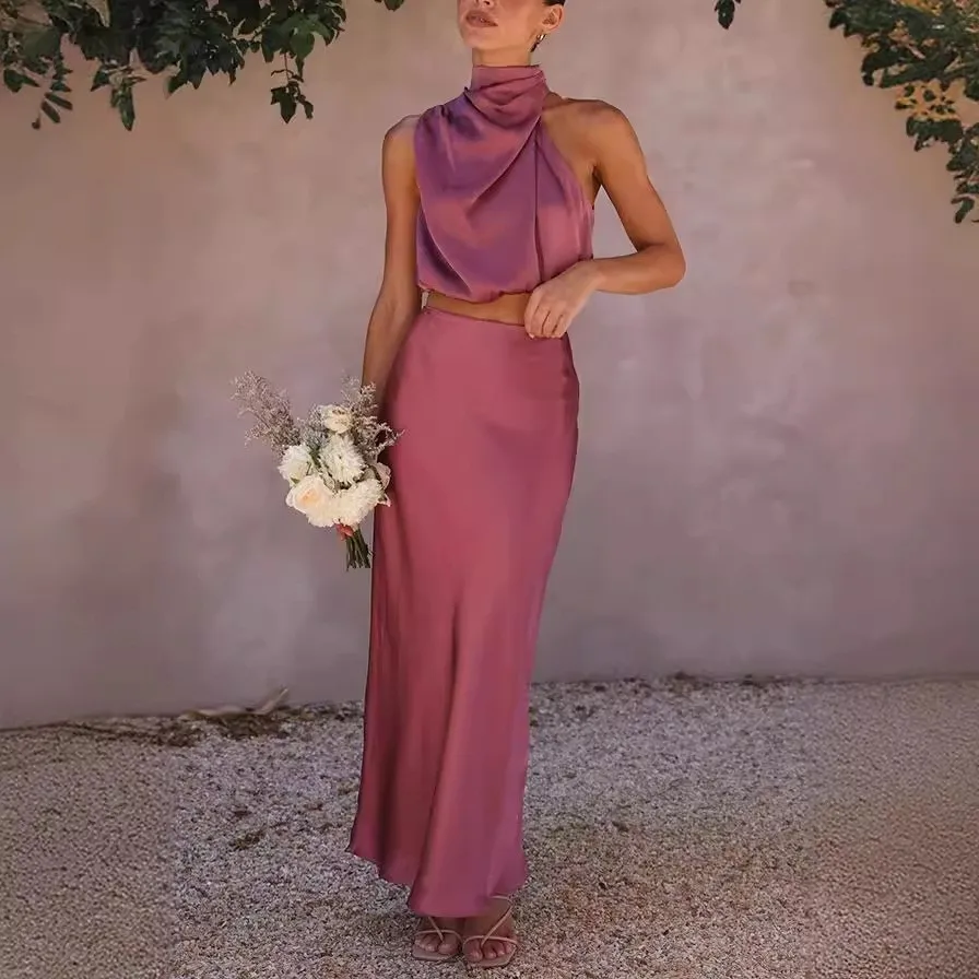 

Summer Spring Women's Clothing Satin Slim Fit Sleeveless Casual Two Long Skirt Set In Acetate Polyester Blend