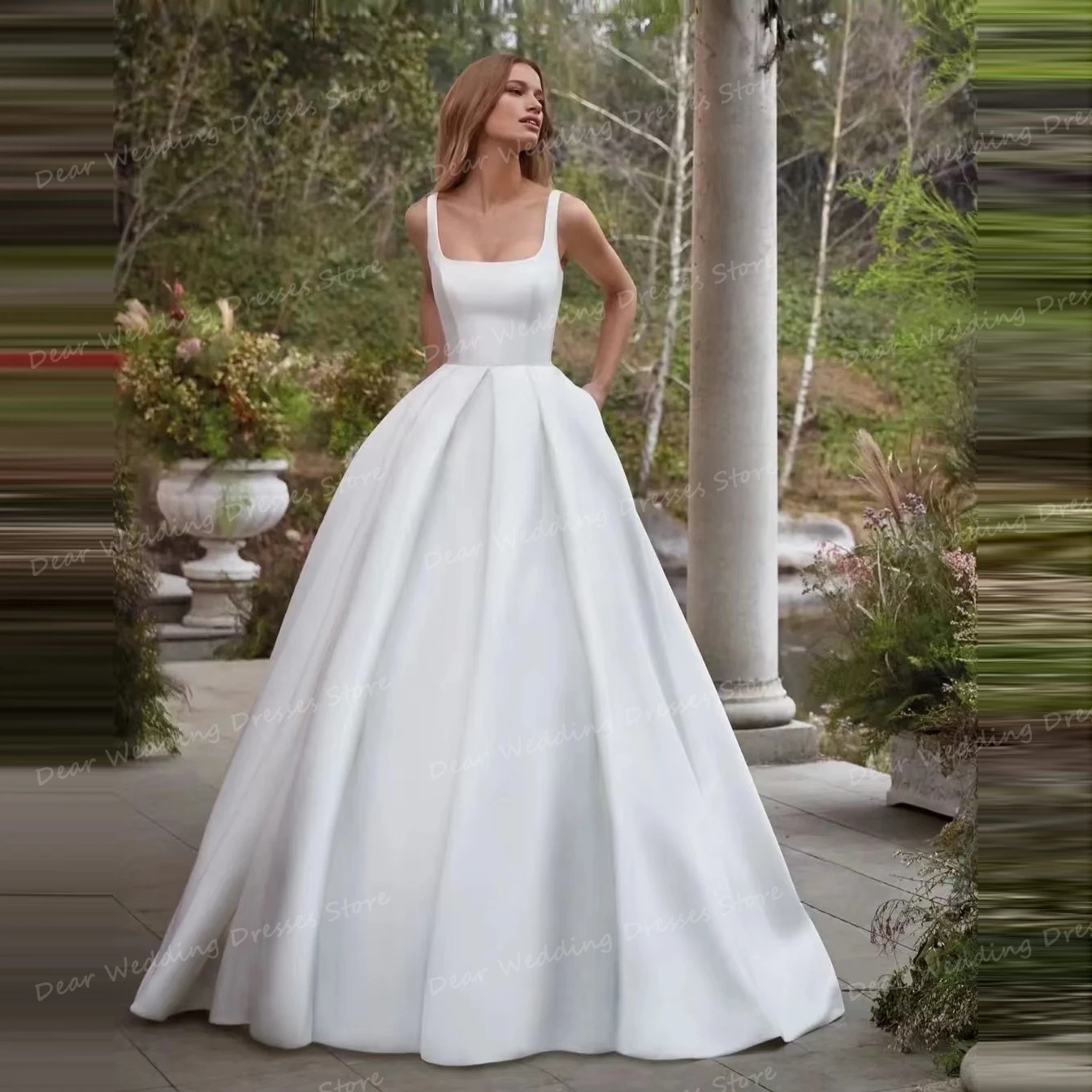 Vestidos de novia de lujo con cuello cuadrado para mujer, vestidos formales de satén sin mangas con espalda descubierta para novia, Vestido de fiesta elegante