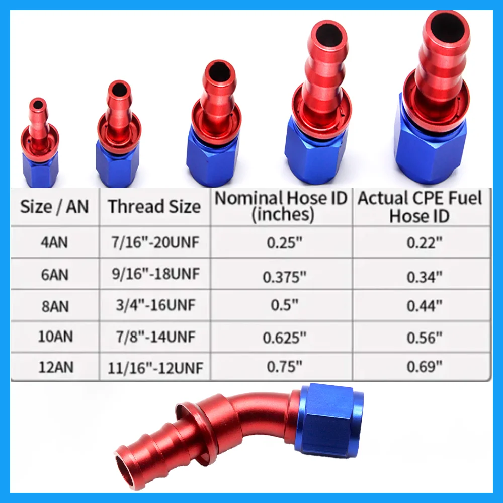 Universal Push-on Hose End Fittings Fuel Oil 0 45 90 180 Degree Cooler Hose AN4 AN6 AN8 AN10 AN12 AN16 AN20 Connection Adapter