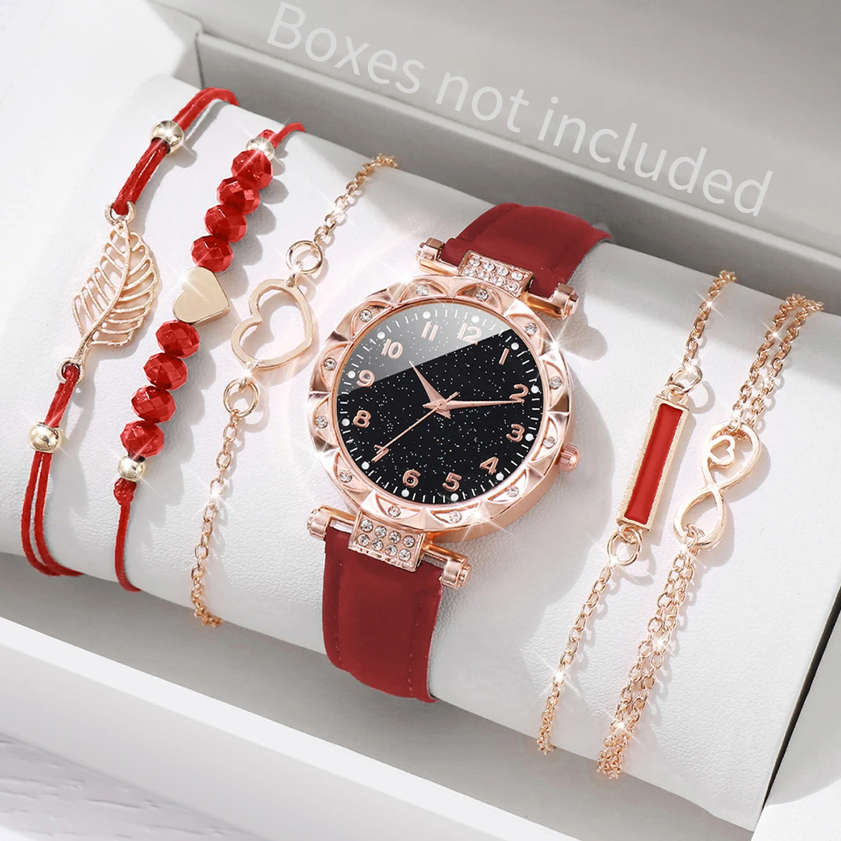 6 шт./компл. модные женские часы, роскошный кожаный ремешок со стразами, кварцевые часы, браслеты, набор Relogios Feminino (без коробки))