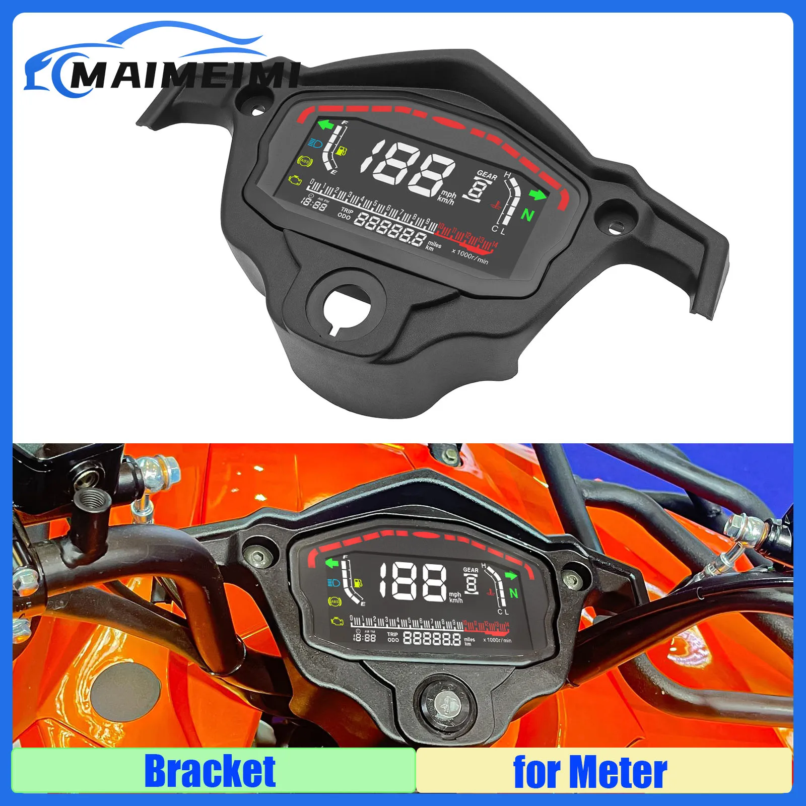 0-14000R/Min Digital Motorcycle Instrument Speedometer LCD Tachometer Dash Board with Black Bracket Metal Holder for ATV SUV