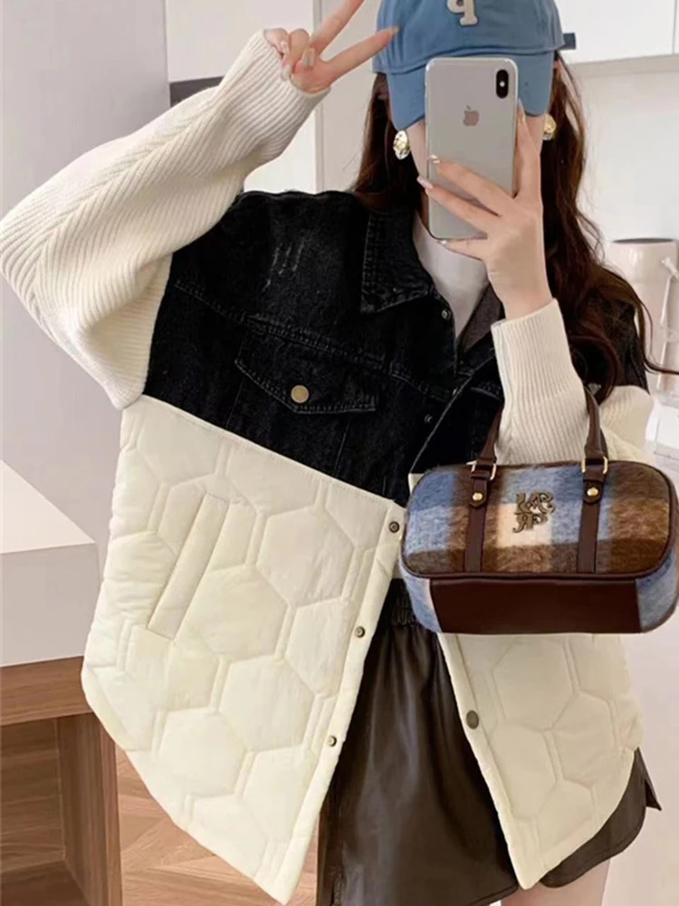 LANMREM Fashion Patchwork Cotton Coat Women\'s Lapel Single Breasted Contrast Color Coats 2024 Autumn Winter New Clothing 2Z2424