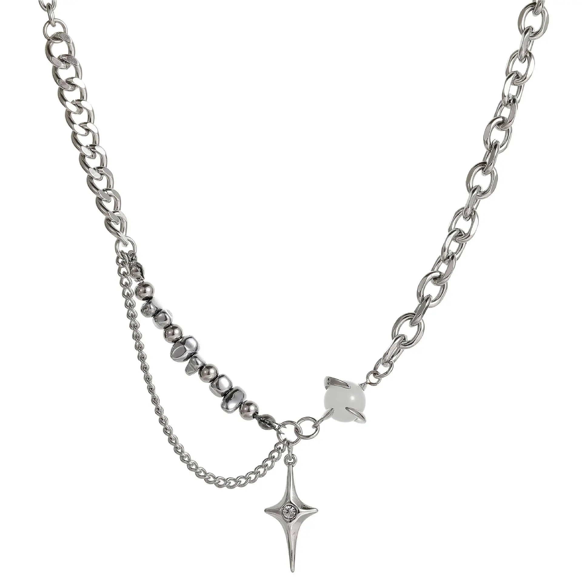 

Titanium Steel Asymmetrical Star Pendant Necklace for Women Silver Layered Chain Collarbone Jewelry