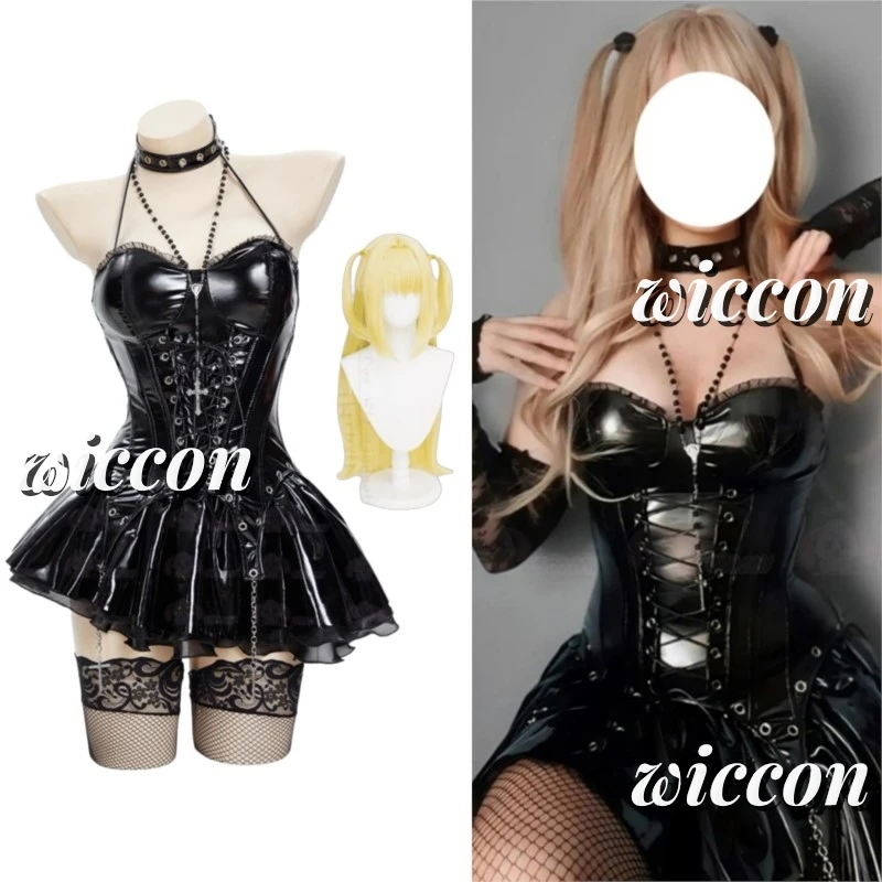 

In Stock Miss Misa Halloween Gothic Black Lace-up Corset Top and Skirt with Net Stockings and Sleeves Cosplay Costume and Wig