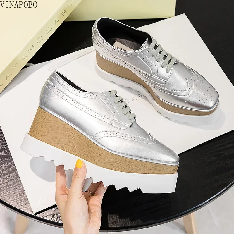 Weiß Schwarz Gold Silber Britischen Stil Plattform Keile Schuhe Frau Karree Lace Up Loafer Schuhe Damen Handgefertigte Casual Schuhe