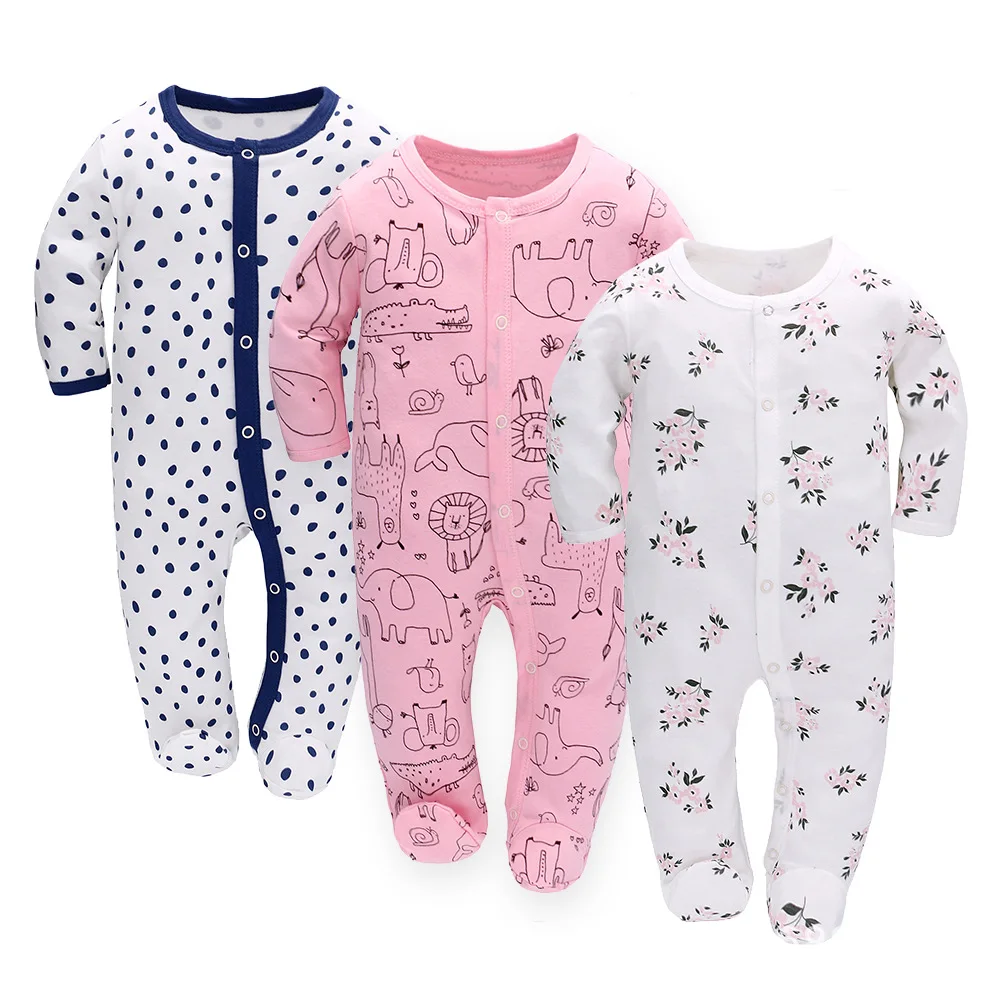 0-7M 3pcs Newborn Baby Cotton Footie Pajamas Infant Boy Girl Long Sleeve Onesies Jumpsuit Autumn Winter Sleepwear Rompers Clothe