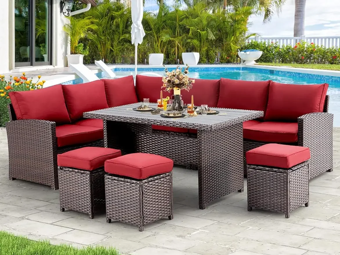 

Patio Furniture Set, 7 Pieces Outdoor Patio Furniture with Dining Table&Chair, All Weather Wicker Conversation Set with Ottoman