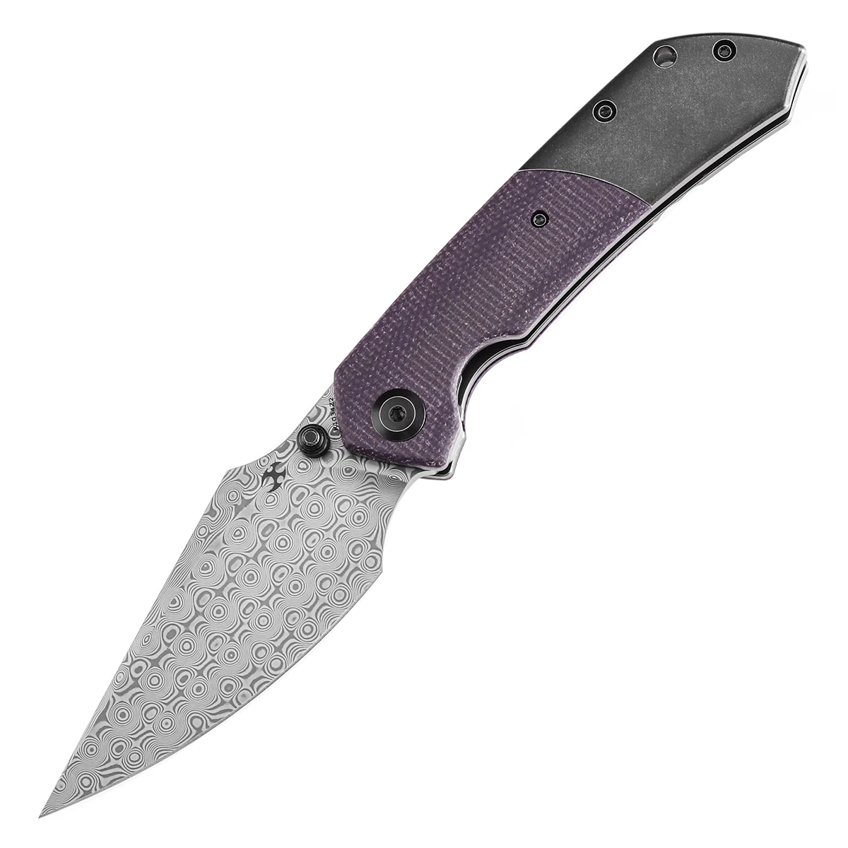 Kansept Folding Knives Fenrir K1034Z2 3.48'' Damascus with Blackwash Titanium + Purple Micarta Thumb Stud&Flipper for Hunting