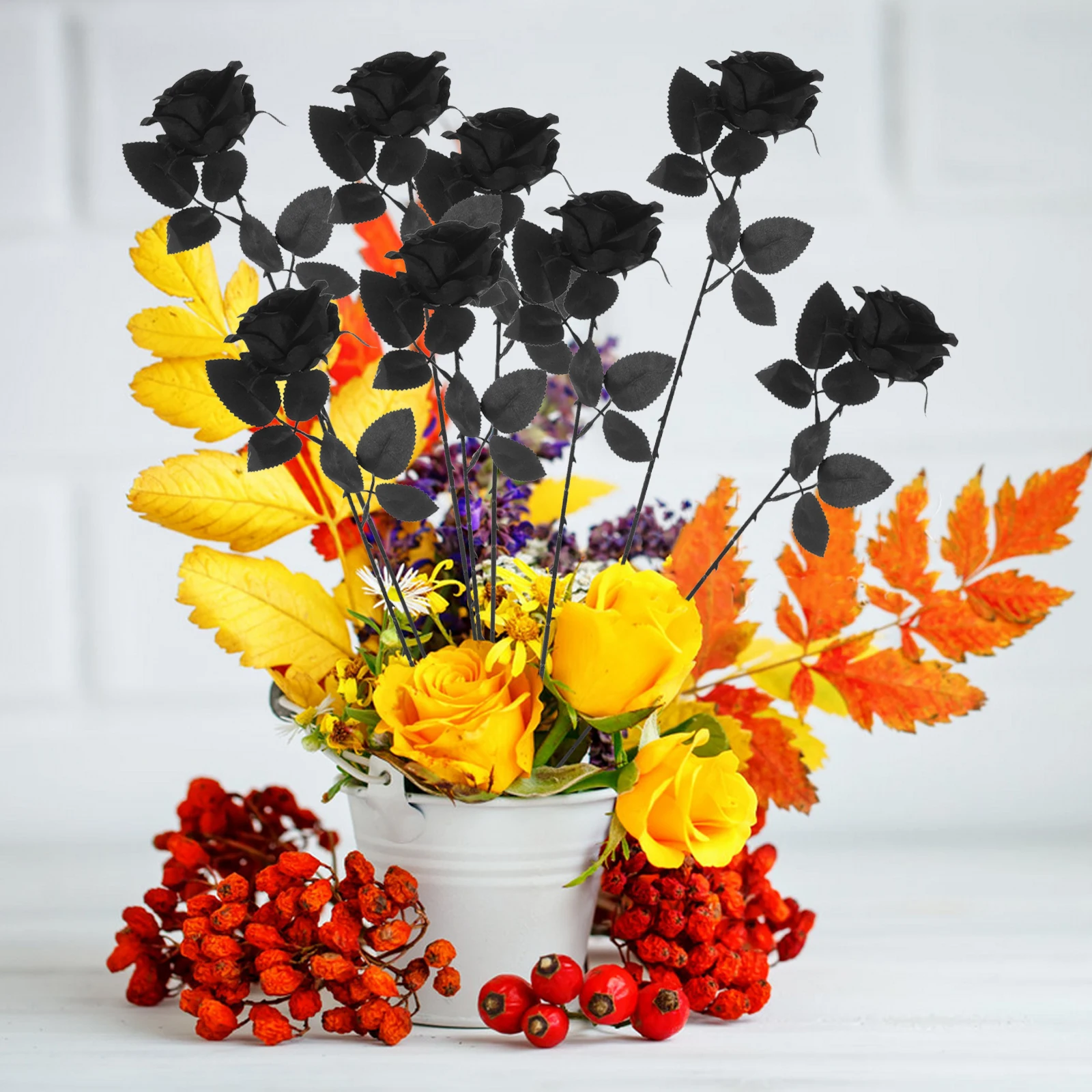 

10pcs Halloween Faux Rose Flower Decorations Black Artificial Floral Arrangement Outdoor Garden Spooky Party Decoration Scary
