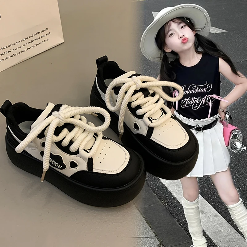 

Spring Autumn 2025 Girls' Low Help Outdoor Platform Sneakers Fashion Lace Up Height Increase Comfortable Casual Flats