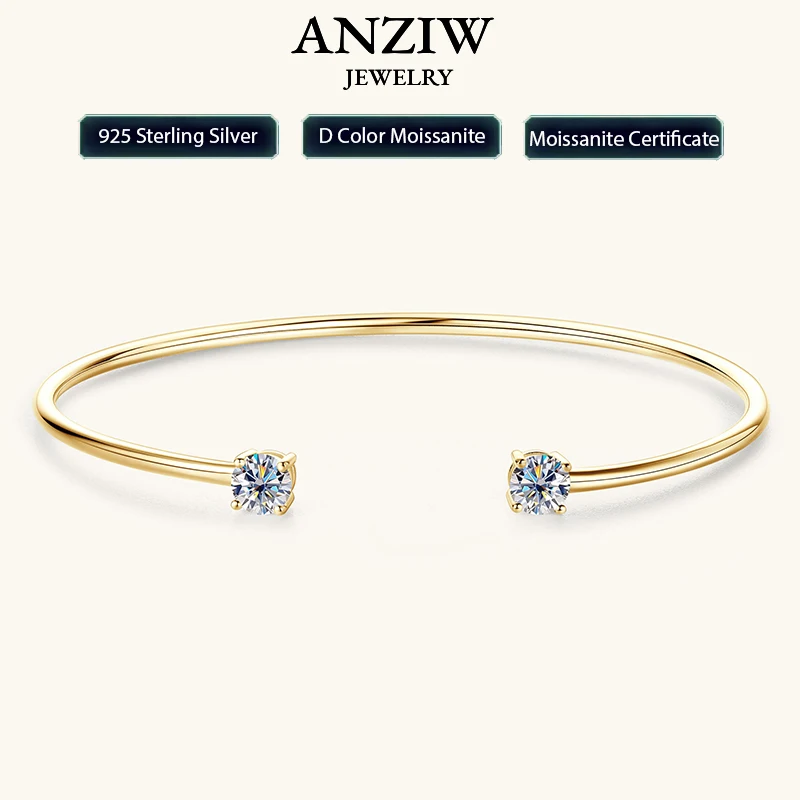 

Anziw 5mm 0.5CT D VVS1 Moissanite Bangle Cuff Real 925 Sterling Silver Bracelet for Women Hand Opening Cuffs Fine Jewelry Gifts