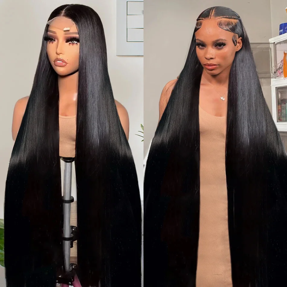 30 32 inci HD transparan tulang lurus 13x6 renda Frontal Wig prepked Brazilian 13x4 renda depan rambut manusia Wig untuk wanita