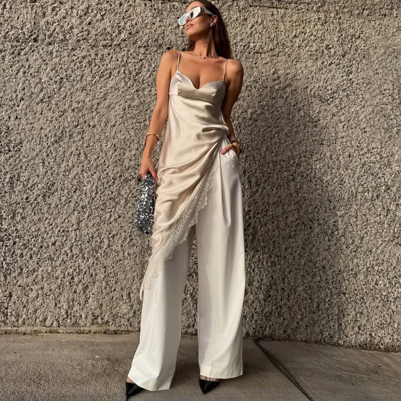 Tuularose Women's Lace Satin Dress Fashion Solid Irregular Lace Patchwork Halter Dress Elegant New Lace Up Female Party Dresses