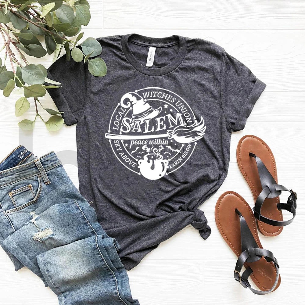 Vintage Local Witches Union Salem Witch Graphic T Shirt Halloween Wicca Tee Retro Casual Short Sleeve Unisex Streetwear Tops