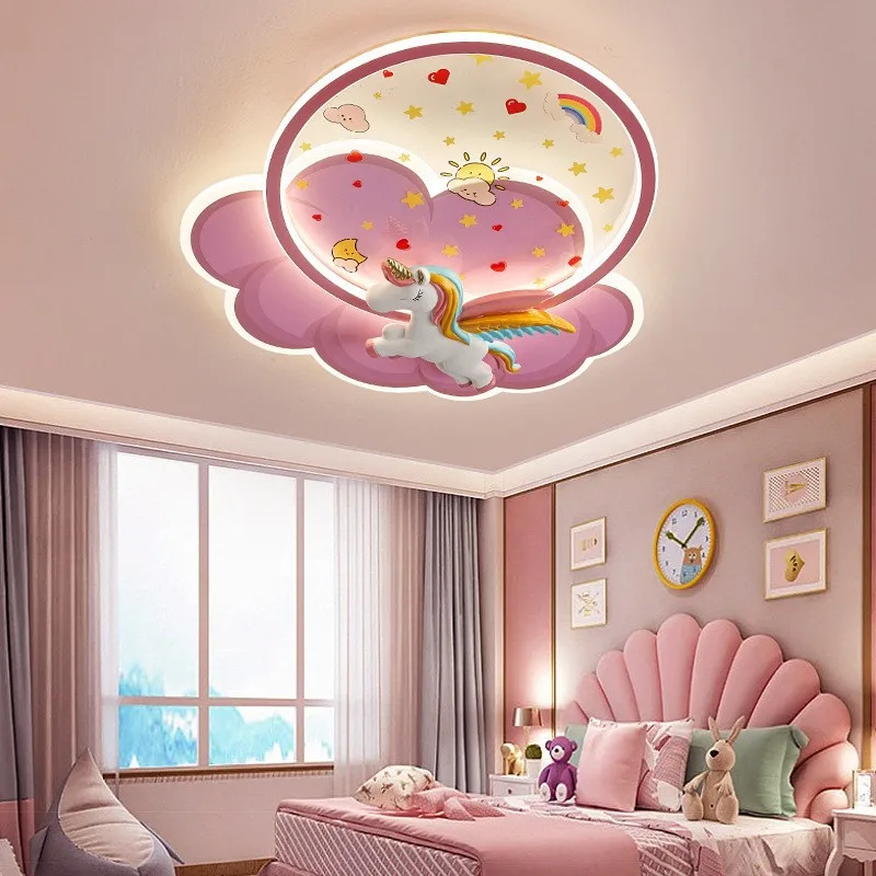 Princess Room Unicorn Ceiling Lamp Remote Control Optional Dimming LED Pink Ceiling Chandelier for Bedroom Nursery Room Girl Kid